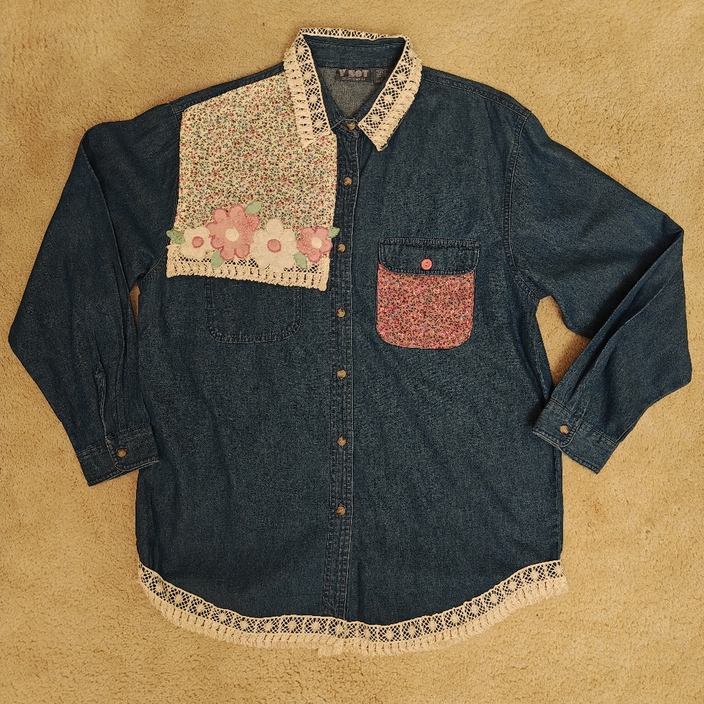 Vintage Denim Button Down W Patchwork, Embroidery… - image 3